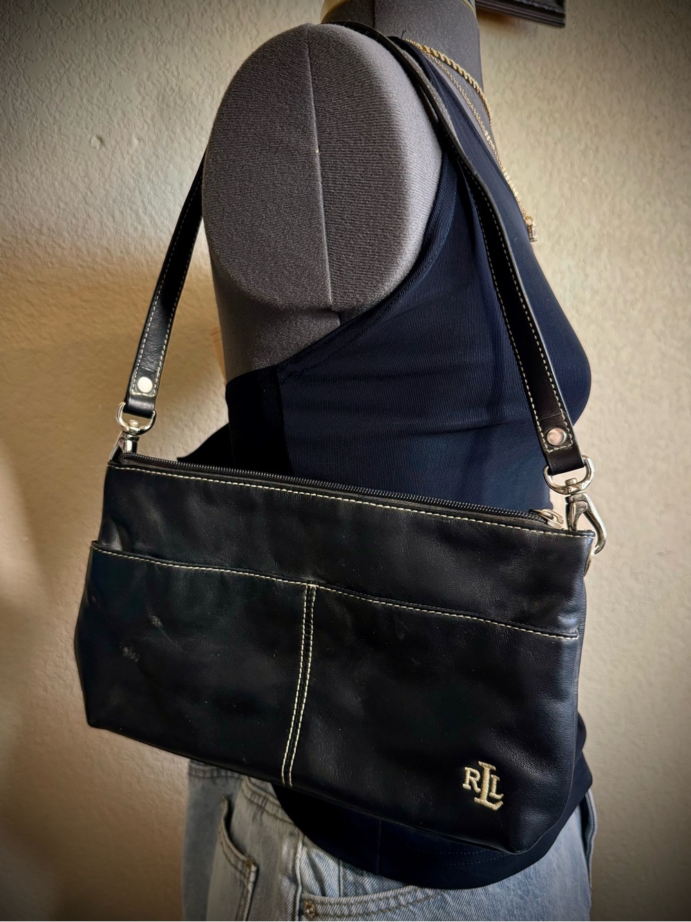 Ralph Lauren Black Contrast Stitching Shoulder Bag Vintage 90s